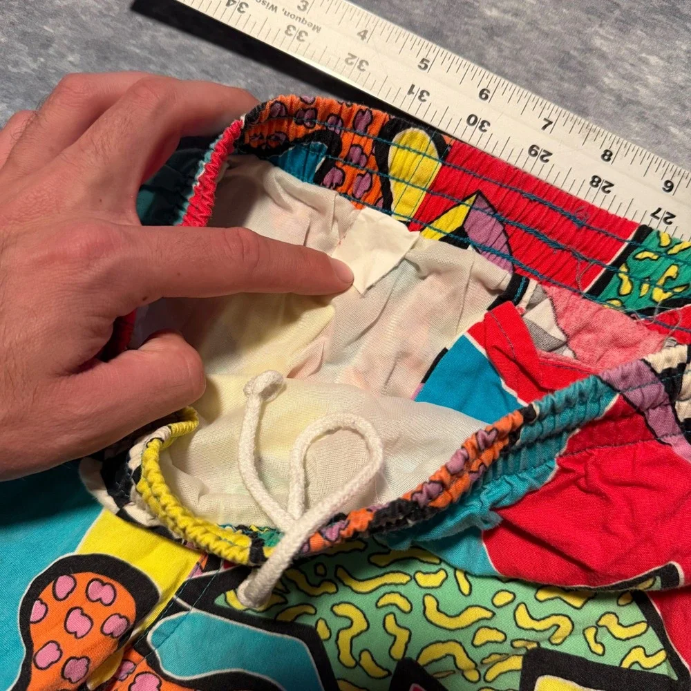 VTG Morey Boogie Kids S Swim Shorts 90s Abstract Neon Geometric Surf Trunks AOP